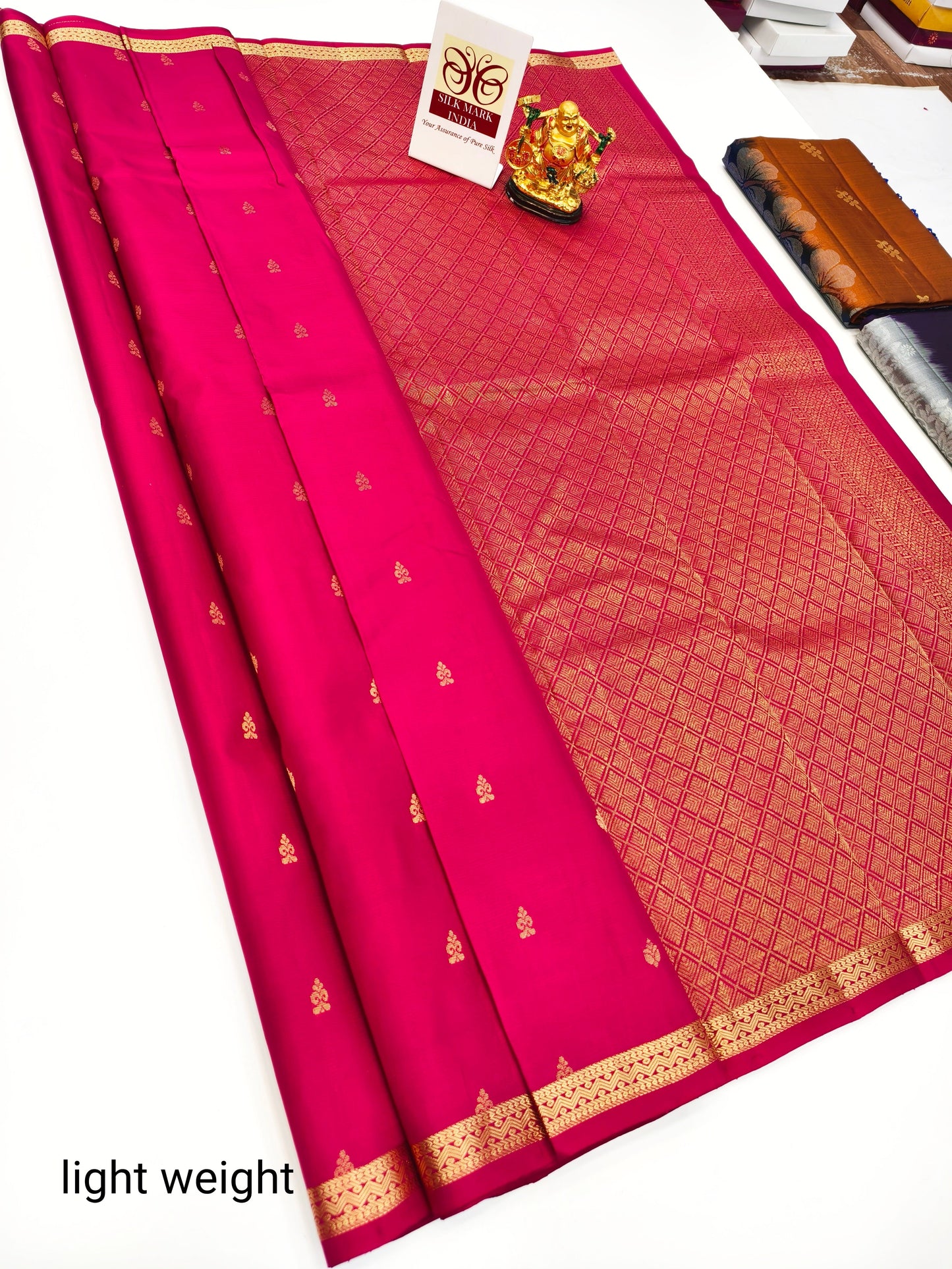 Dark Pink Pure Kanchipuram Soft Silk Saree with Mini Gold Border Silk-Mark Certified