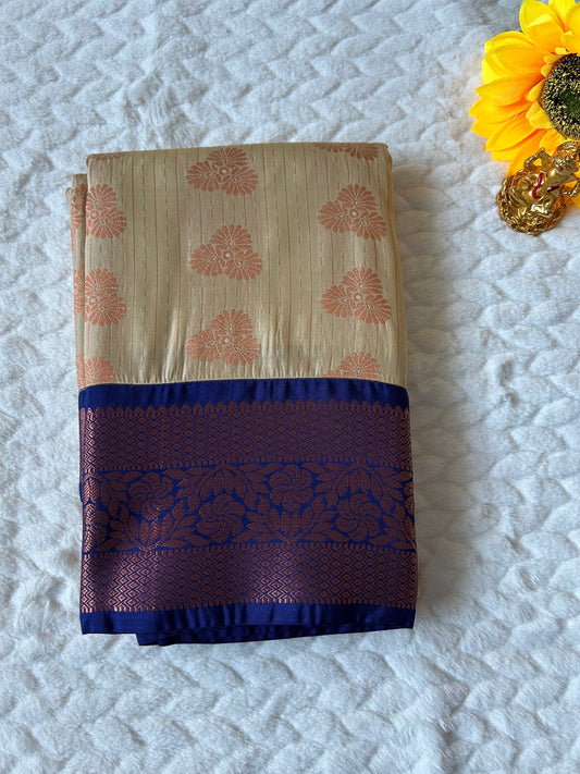 . Semi Kanchipuram Premium Silk Saree – Cream with Blue Border