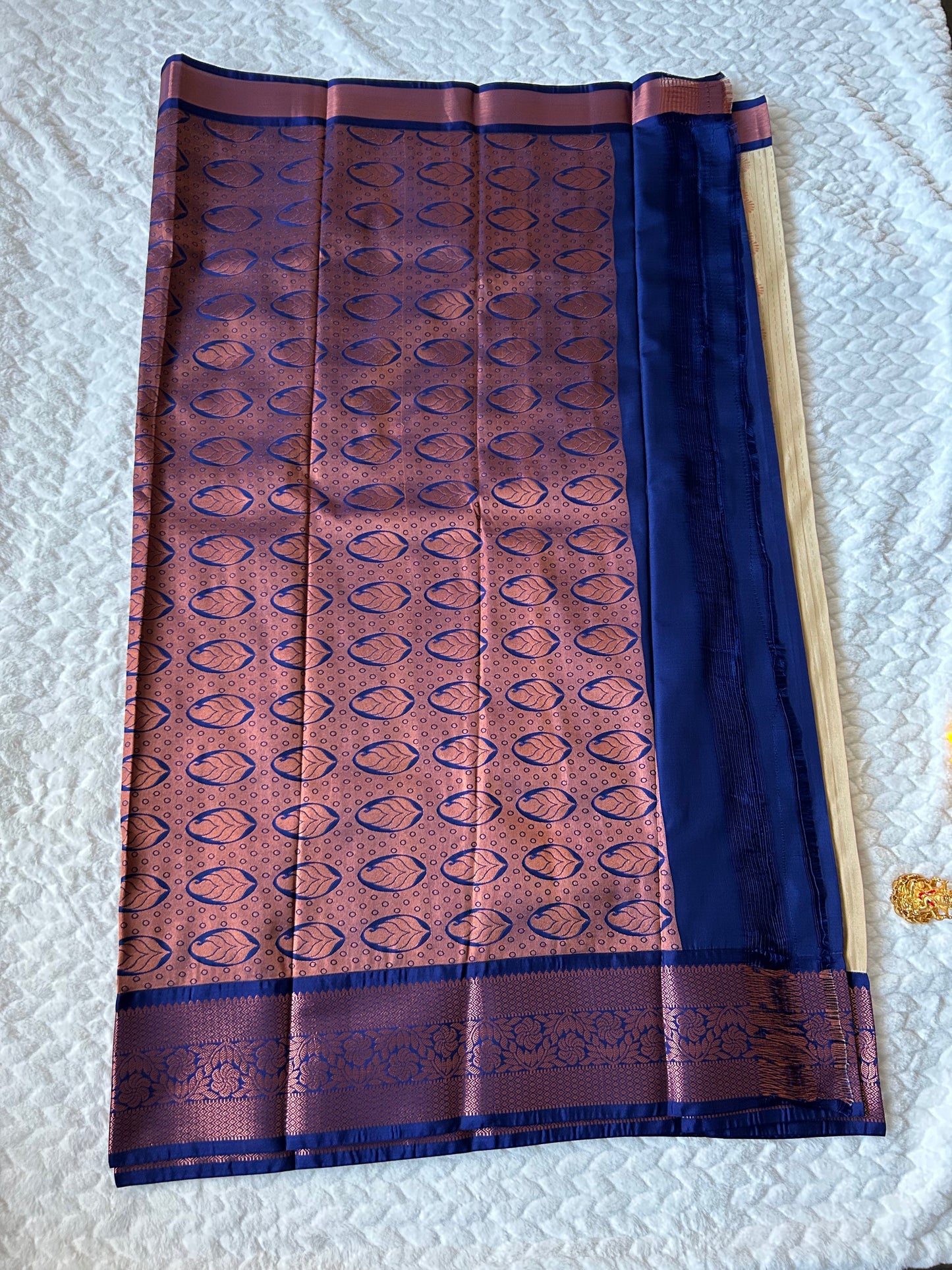 . Semi Kanchipuram Premium Silk Saree – Cream with Blue Border