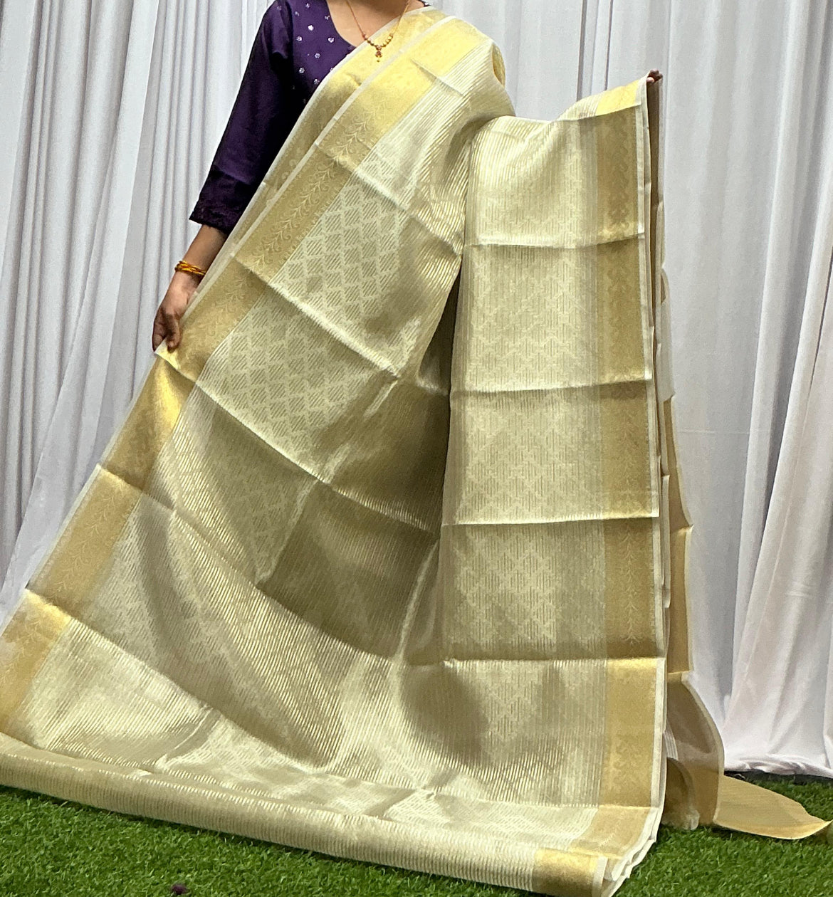 . Tissue Saree – Off white Golden - Art Silk