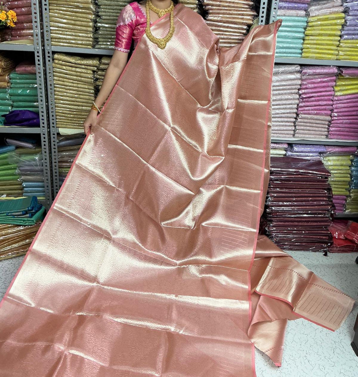 . Tissue Saree – Metallic Pink - Art Silk