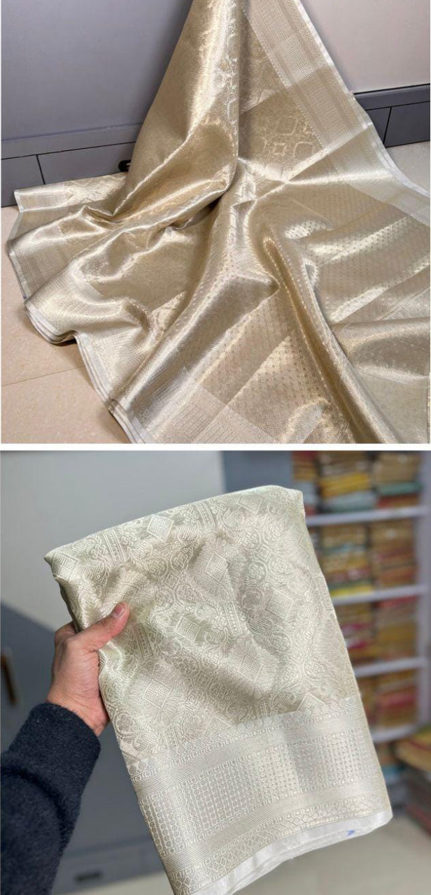 . Tissue Saree – Metallic White and Silver - Art Silk