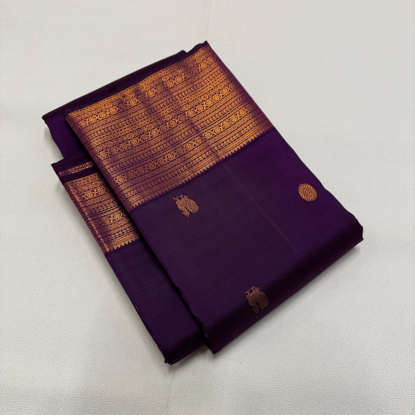 . Pure Kanchipuram Handloom Silk Saree – Deep Purple with Gold Zari