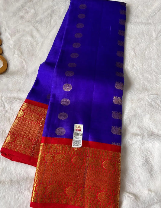 . Pure Kanchipuram Silk Saree Vintage Design | Blue with Purple Undertones and Red Contrast
