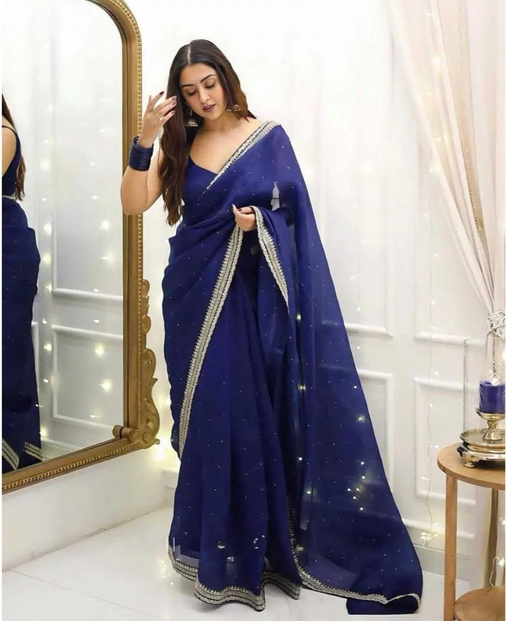 .Thread & Sequin Lace Border Elegance Navy Blue Organza Saree – Thread & Sequin Lace Border Elegance
