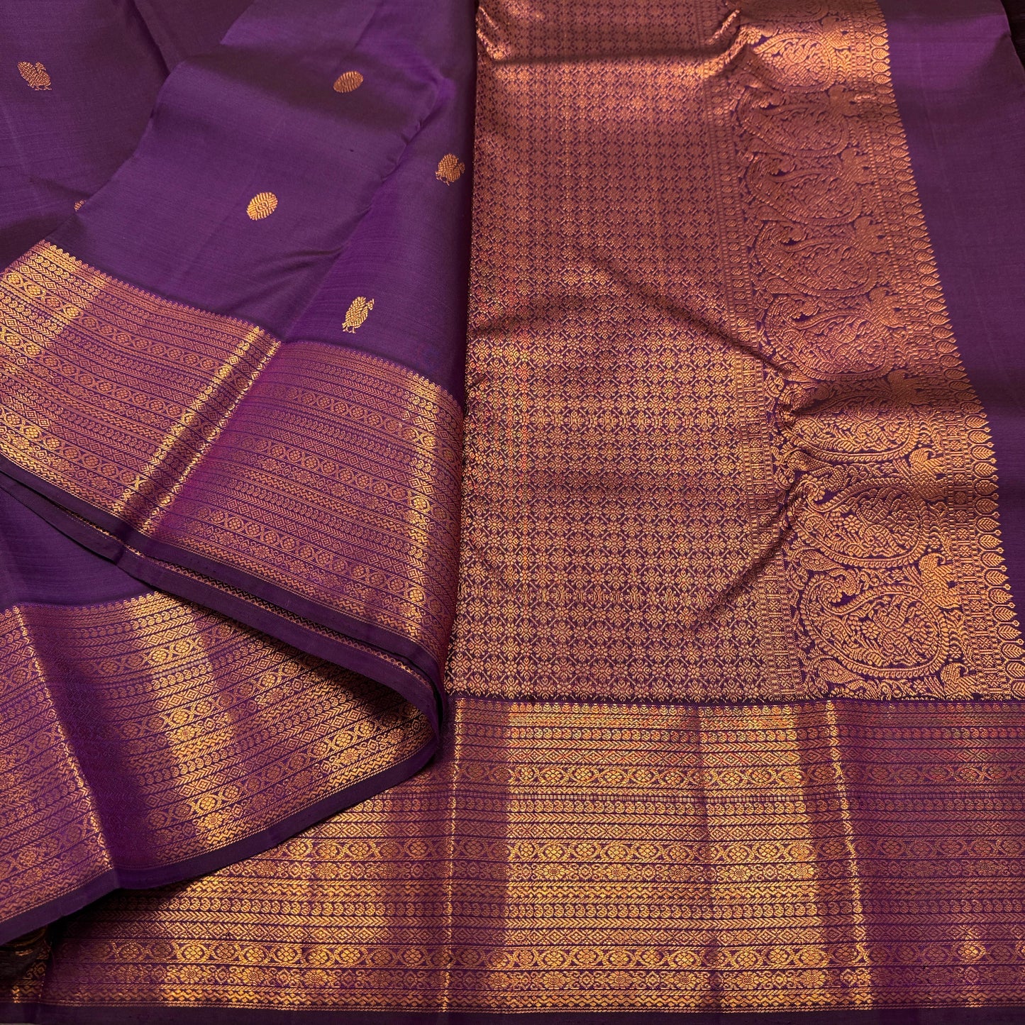 . Pure Kanchipuram Handloom Silk Saree – Deep Purple with Gold Zari