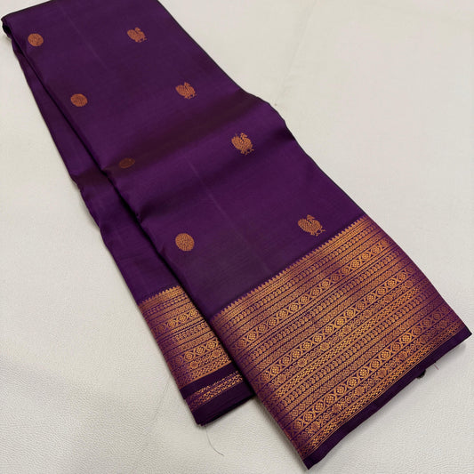 . Pure Kanchipuram Handloom Silk Saree – Deep Purple with Gold Zari