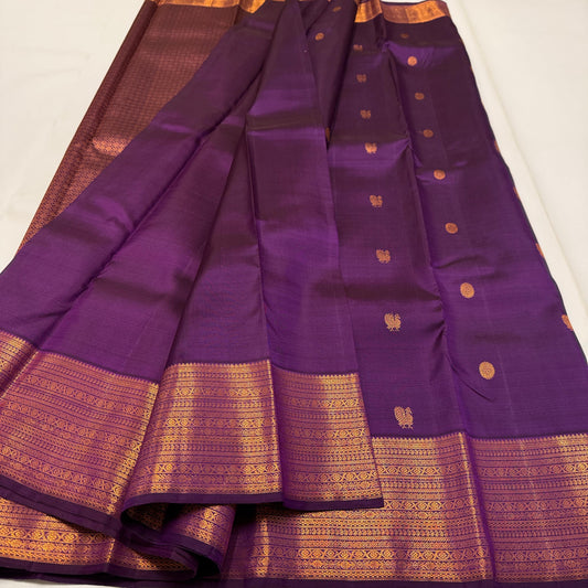 . Pure Kanchipuram Handloom Silk Saree – Deep Purple with Gold Zari