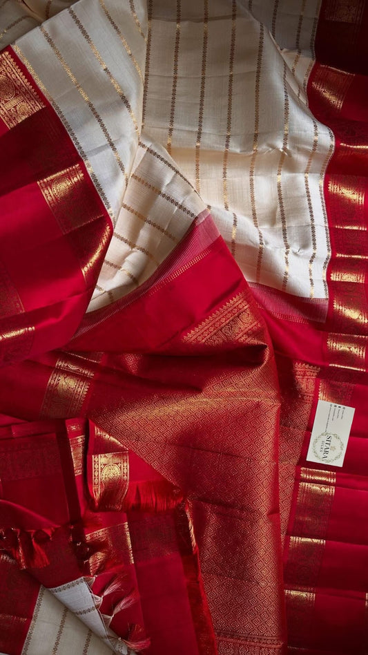 . Pure Kanchipuram Handloom Silk Saree - Unique Piece – Off-White with Red