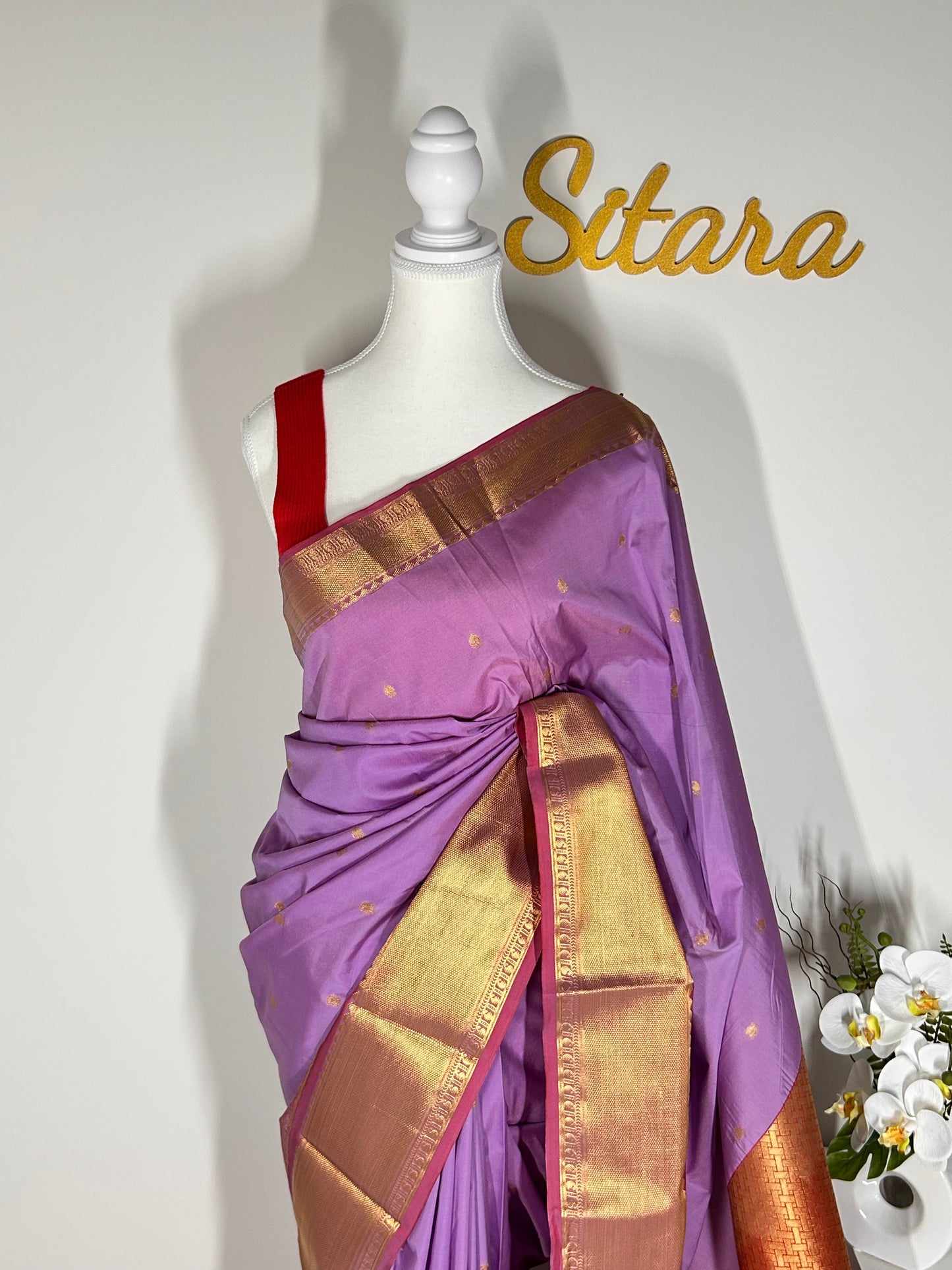 Kanchipuram Premium Semi Silk Saree – Lavender with Red Contrast Border