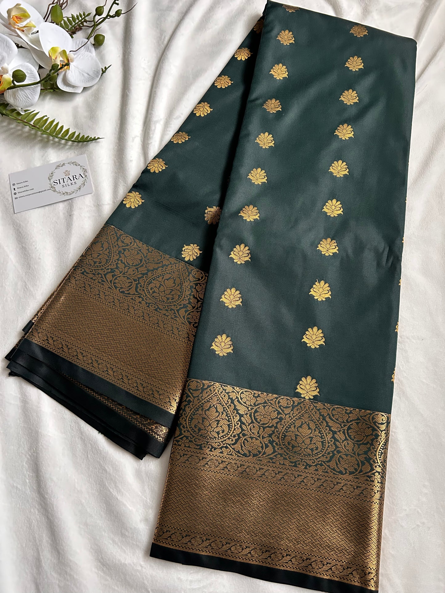 . Semi Kanchipuram Premium Silk Saree – Bottle Green