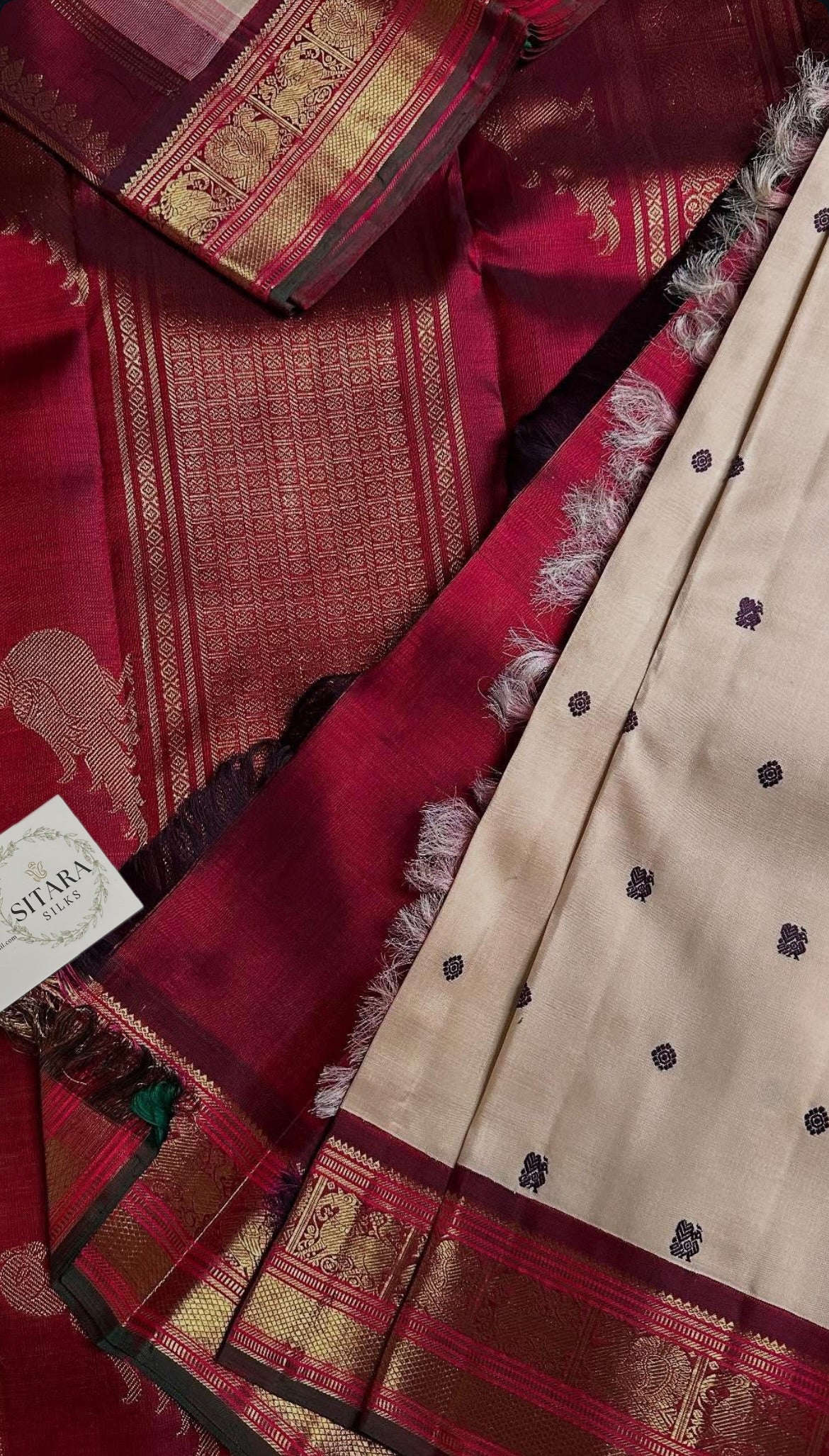 . Pure Kanchipuram Handloom Silk Saree - Unique Piece – beige with maroon