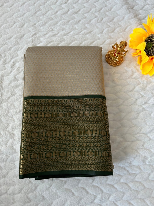 Kanchipuram Premium Semi Silk Saree – Ivory with Bottle Green Contrast Border