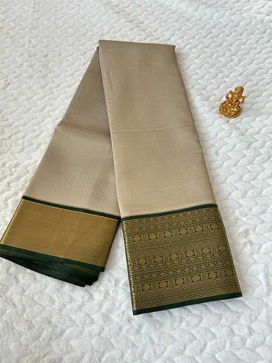 Kanchipuram Premium Semi Silk Saree – Ivory with Bottle Green Contrast Border