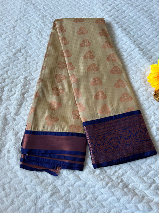 Kanchipuram Premium Semi Silk Saree – Cream with Blue Border