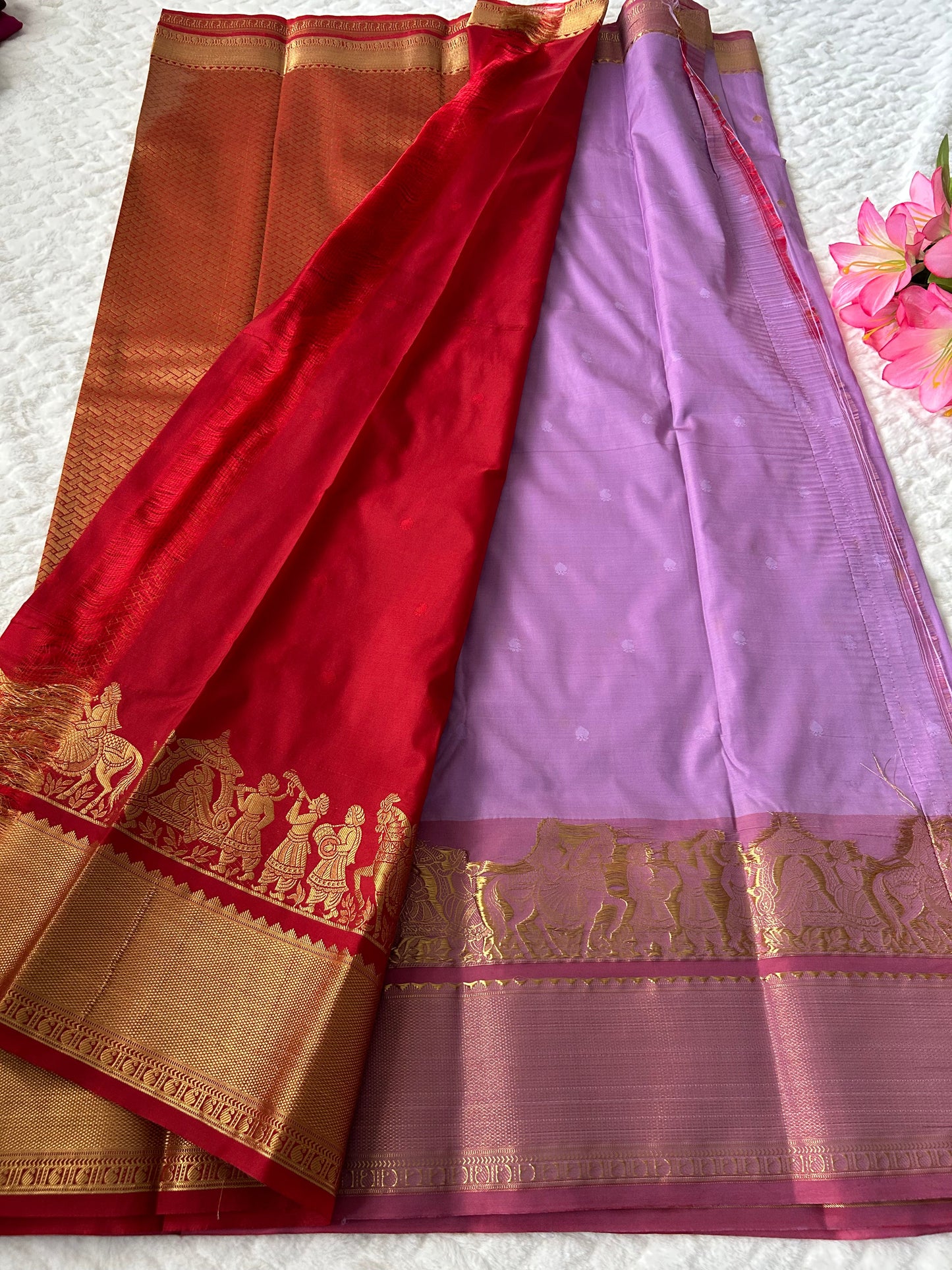 Kanchipuram Premium Semi Silk Saree – Lavender with Red Contrast Border