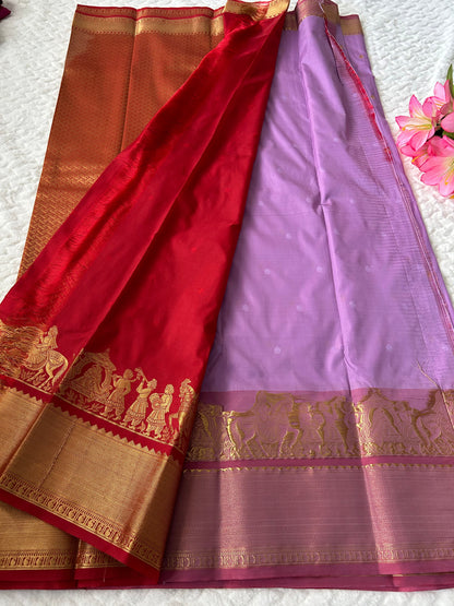 Kanchipuram Premium Semi Silk Saree – Lavender with Red Contrast Border