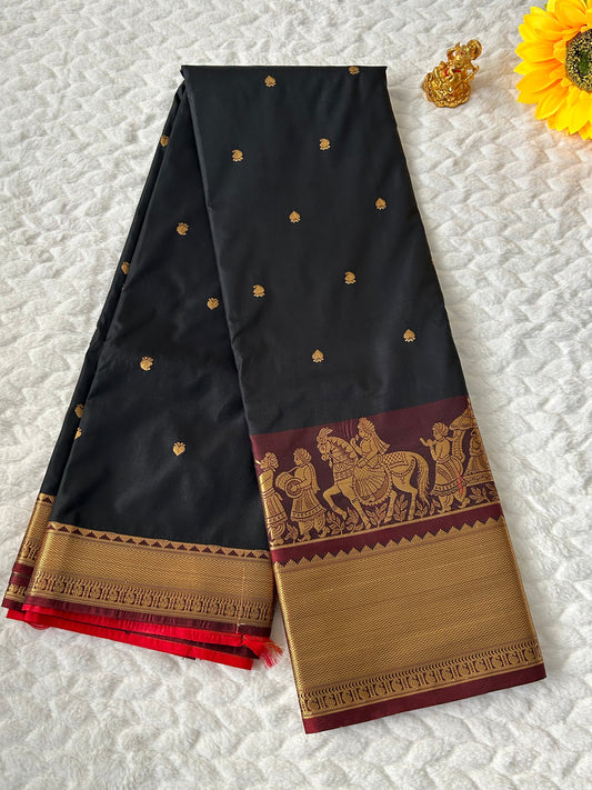 Kanchipuram Premium Semi Silk Saree – Black with Maroon/Red Contrast Border