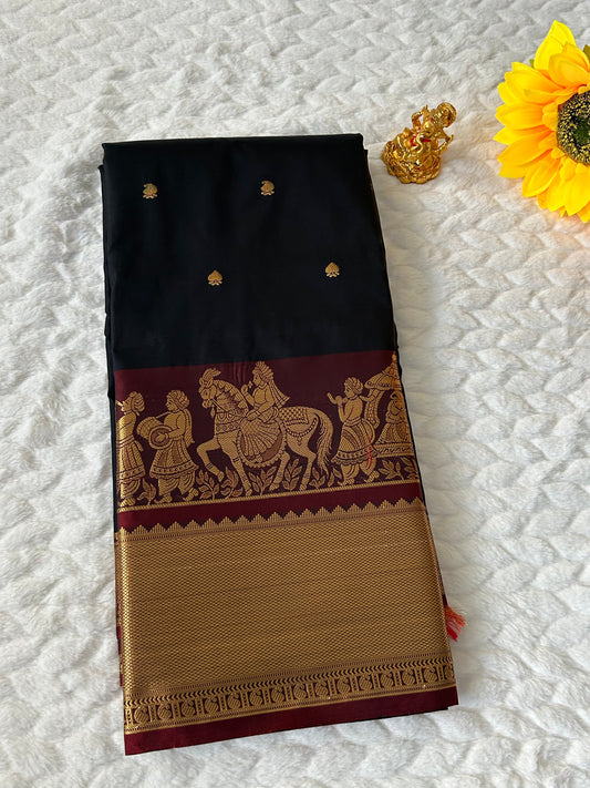 Kanchipuram Premium Semi Silk Saree – Black with Maroon/Red Contrast Border