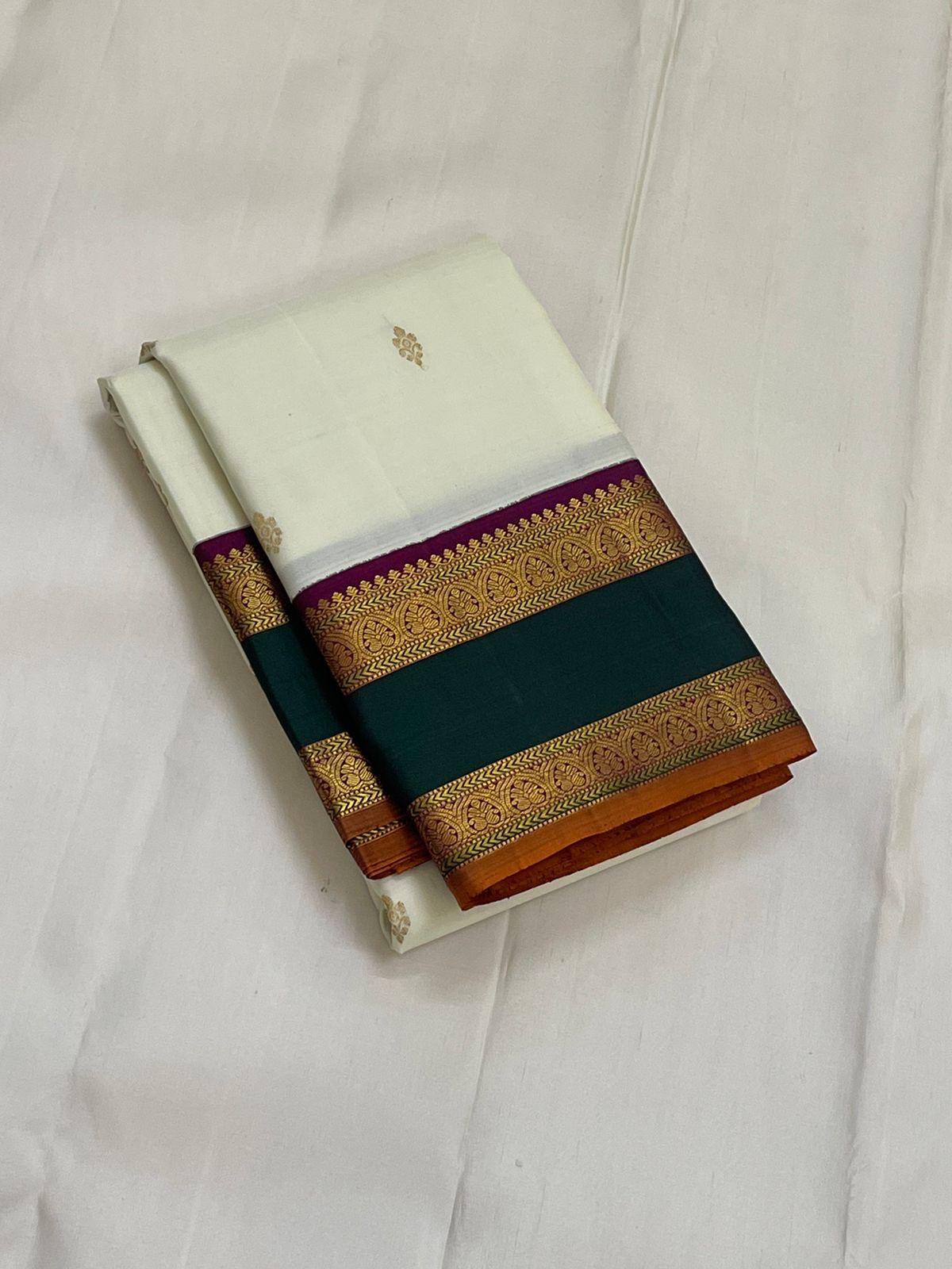 . Pure Kanchipuram Handloom Silk Saree - Unique Piece – Off-White with Magenta & Green Border