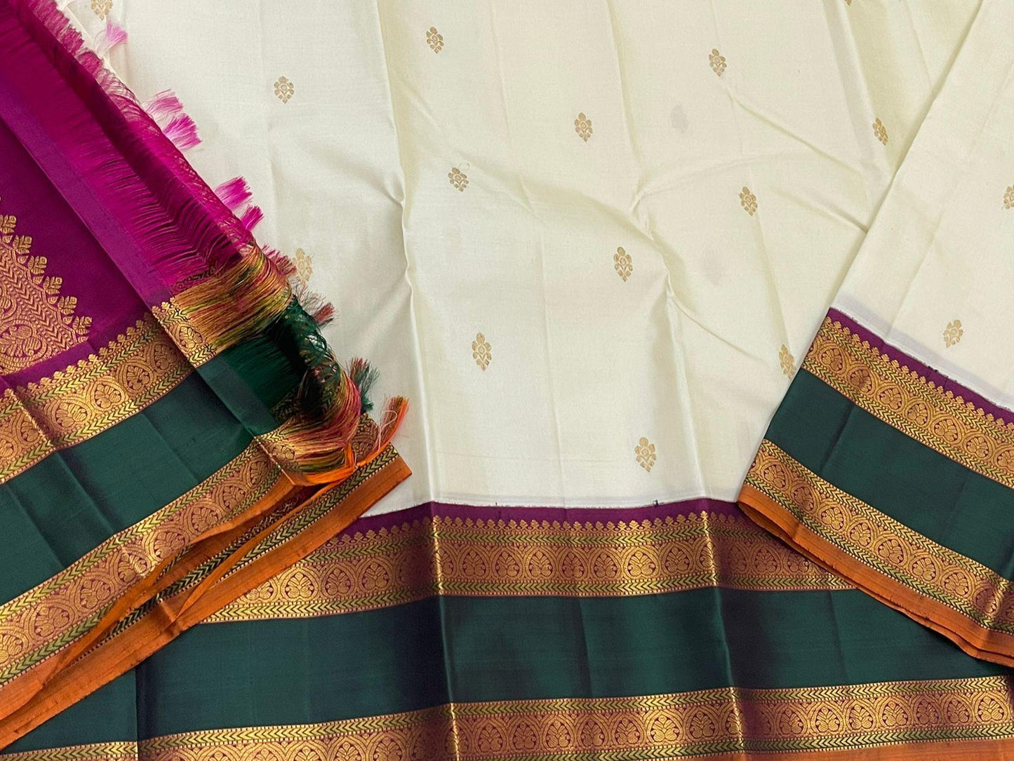 . Pure Kanchipuram Handloom Silk Saree - Unique Piece – Off-White with Magenta & Green Border