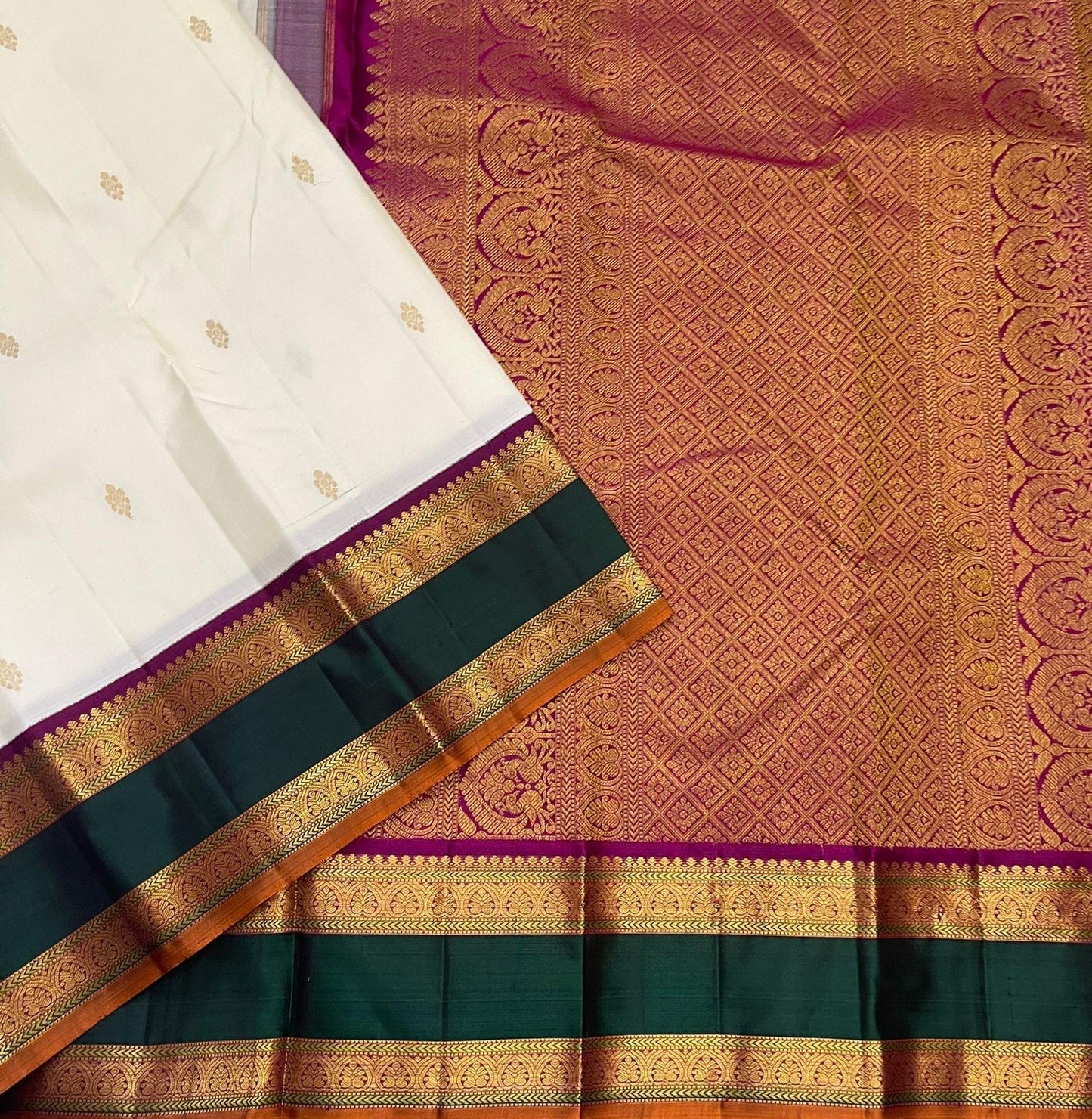 . Pure Kanchipuram Handloom Silk Saree - Unique Piece – Off-White with Magenta & Green Border