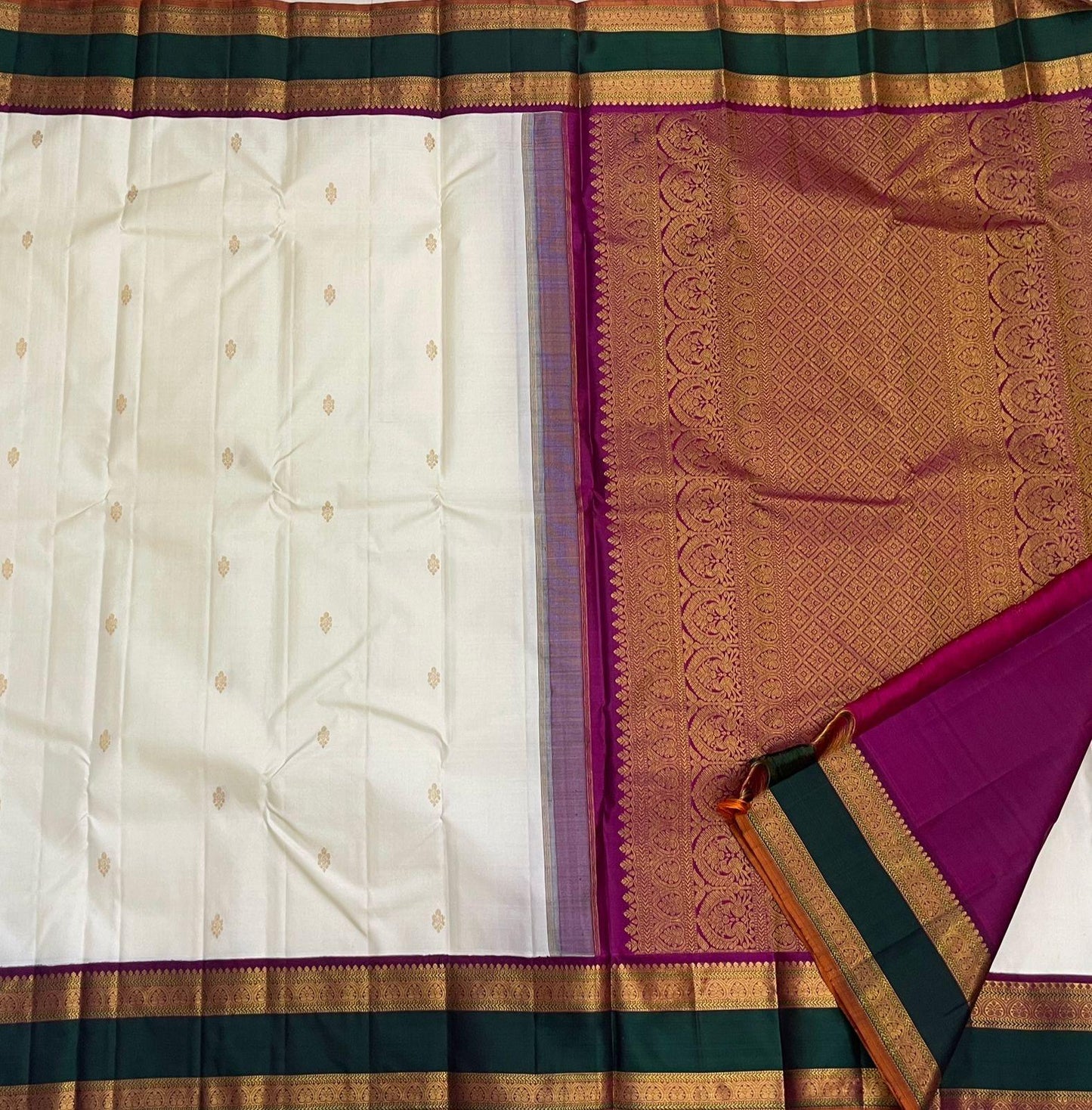 . Pure Kanchipuram Handloom Silk Saree - Unique Piece – Off-White with Magenta & Green Border