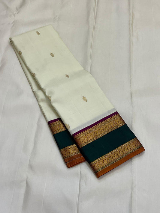 . Pure Kanchipuram Handloom Silk Saree - Unique Piece – Off-White with Magenta & Green Border