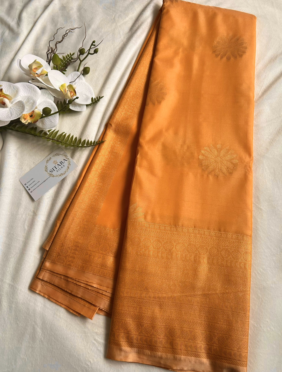 . Semi Kanchipuram PremiumSilk Saree – Sandalwood Yellowish Orange
