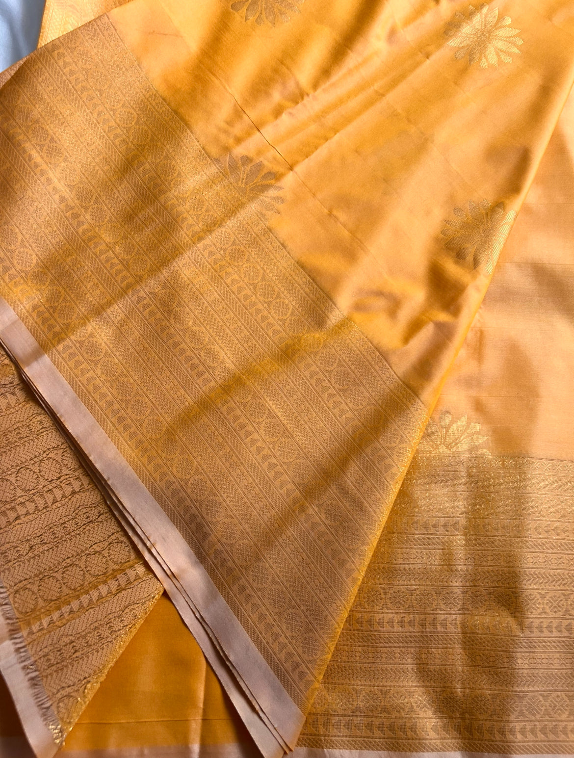 . Semi Kanchipuram PremiumSilk Saree – Sandalwood Yellowish Orange