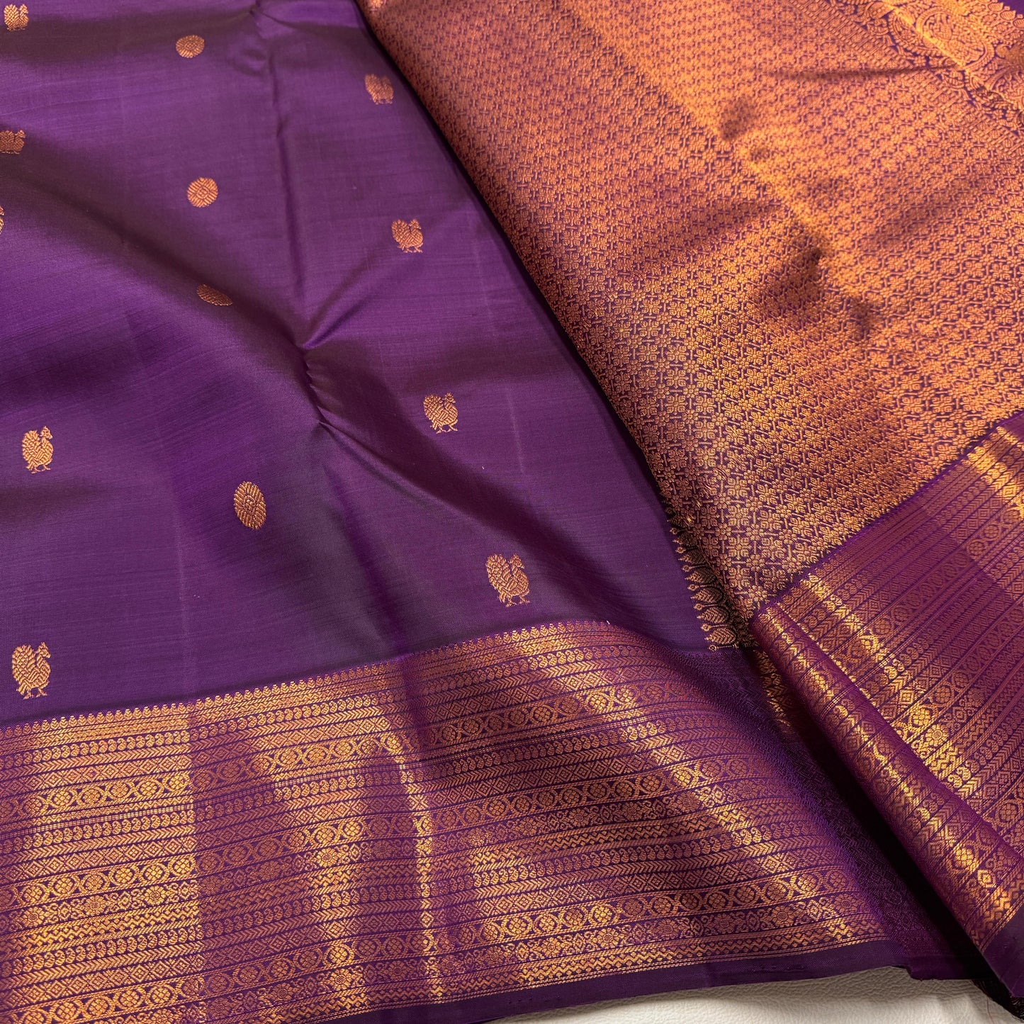. Pure Kanchipuram Handloom Silk Saree – Deep Purple with Gold Zari