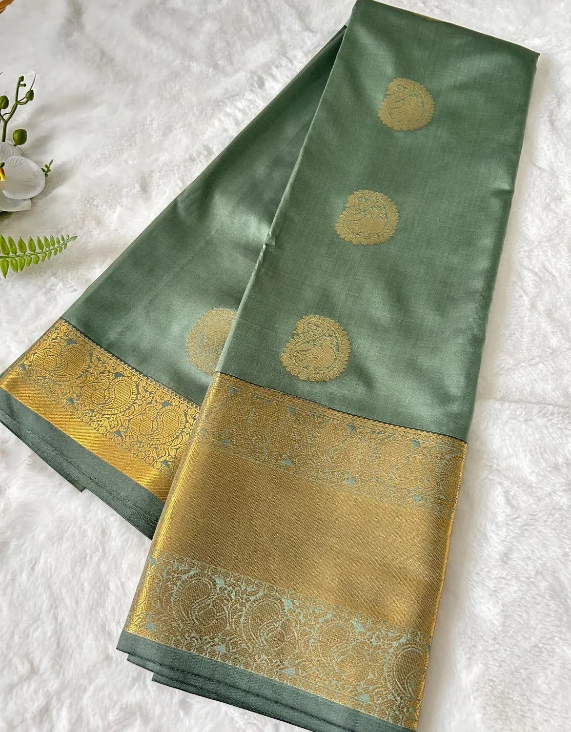 . Semi Kanchipuram Premium Silk Saree – Sage