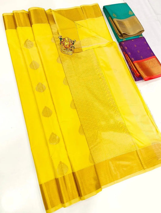 . Semi Kanchipuram Premium Silk Saree – YELLOW