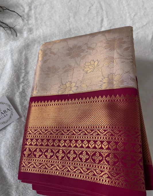 . Semi Kanchipuram Premium Silk Saree | Cream body contrast Reddish Pink Border and Blouse