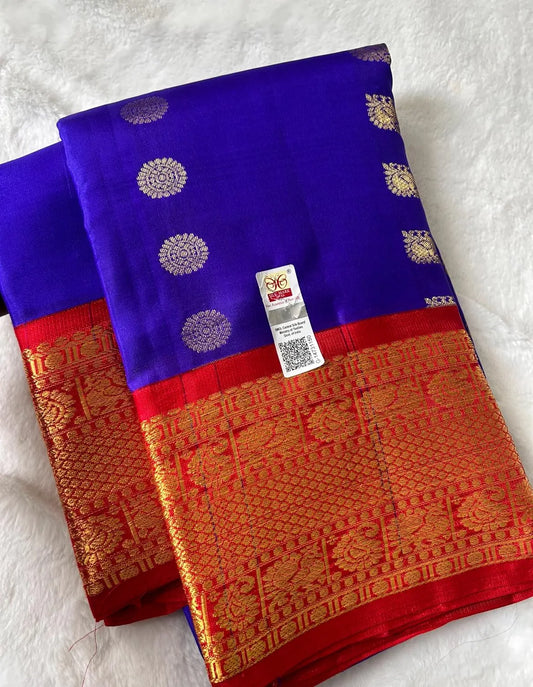 . Pure Kanchipuram Silk Saree  Vintage Design | Blue with Purple Undertones and Red Contrast