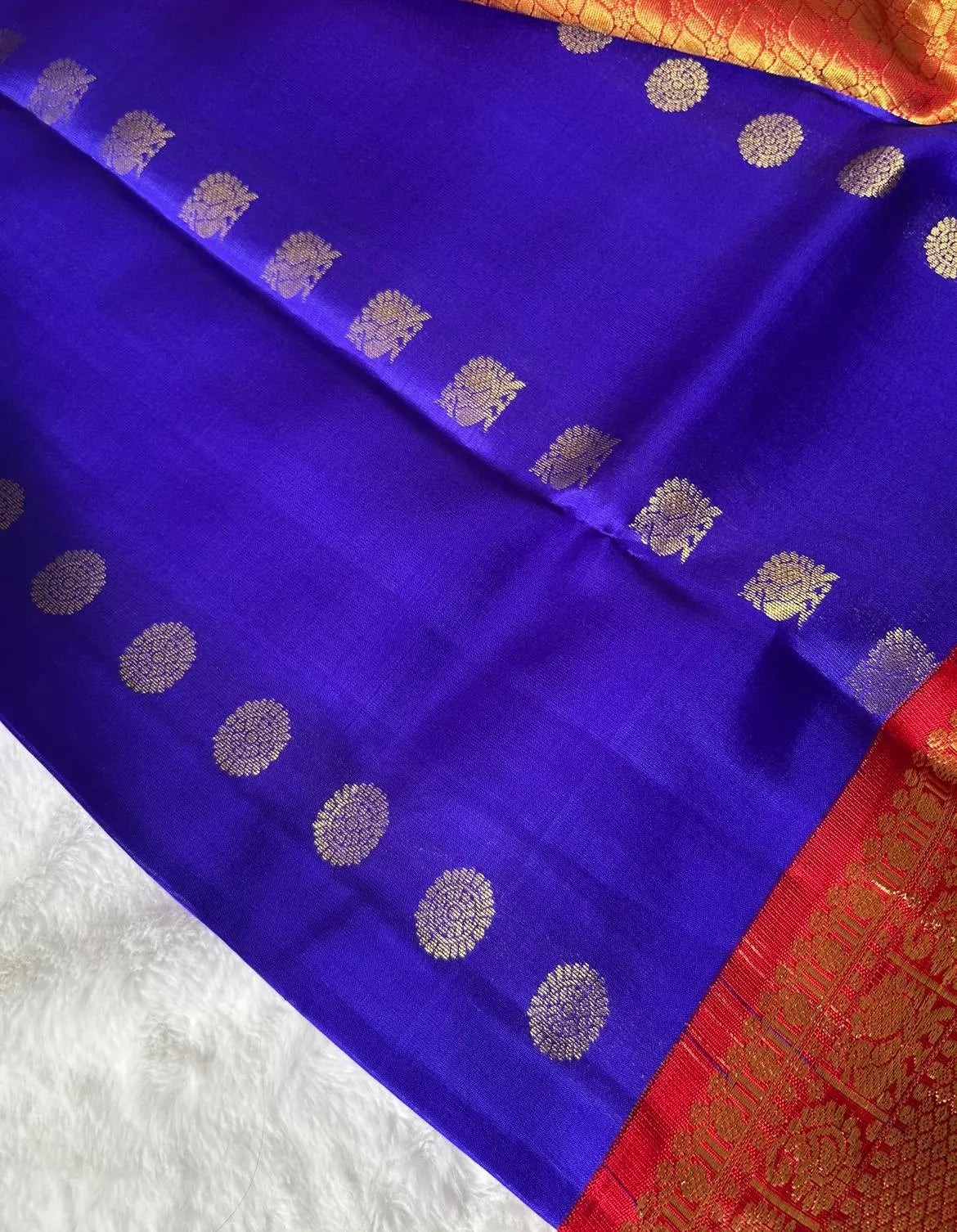 . Pure Kanchipuram Silk Saree  Vintage Design | Blue with Purple Undertones and Red Contrast