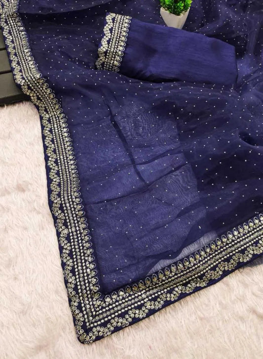 .Thread & Sequin Lace Border Elegance  Navy Blue Organza Saree – Thread & Sequin Lace Border Elegance