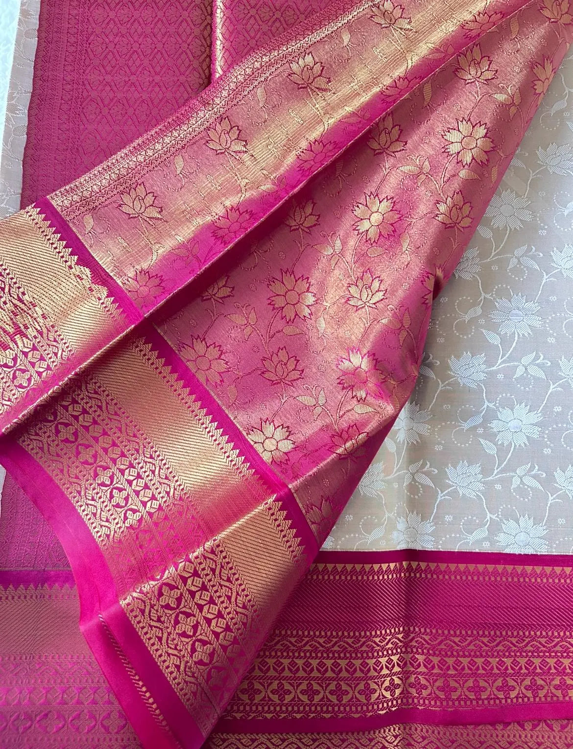 . Semi Kanchipuram Premium Silk Saree | Cream body contrast Reddish Pink Border and Blouse