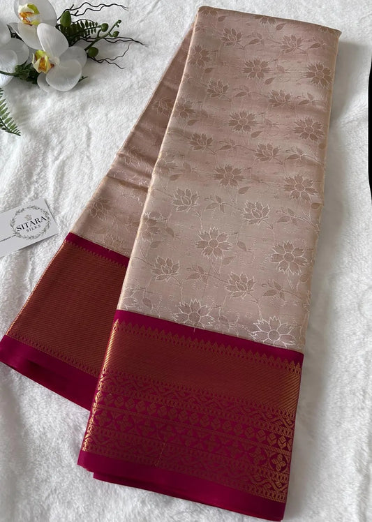 . Semi Kanchipuram Premium Silk Saree | Cream body contrast Reddish Pink Border and Blouse
