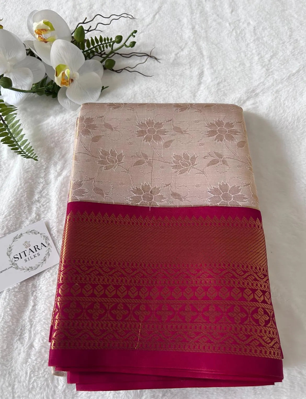 . Semi Kanchipuram Premium Silk Saree | Cream body contrast Reddish Pink Border and Blouse