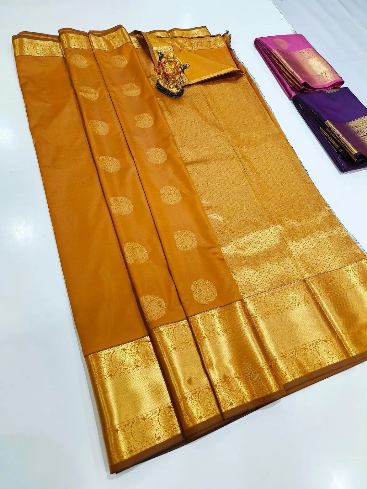 . Semi Kanchipuram Premium Silk Saree – burnt yellowish orange