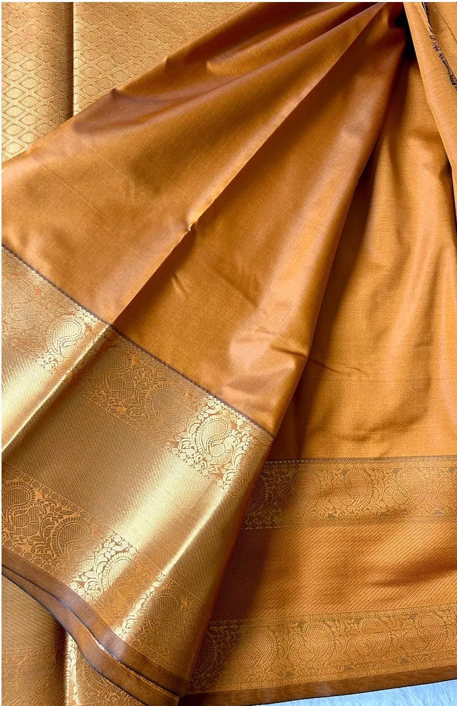 . Semi Kanchipuram Premium Silk Saree – burnt yellowish orange