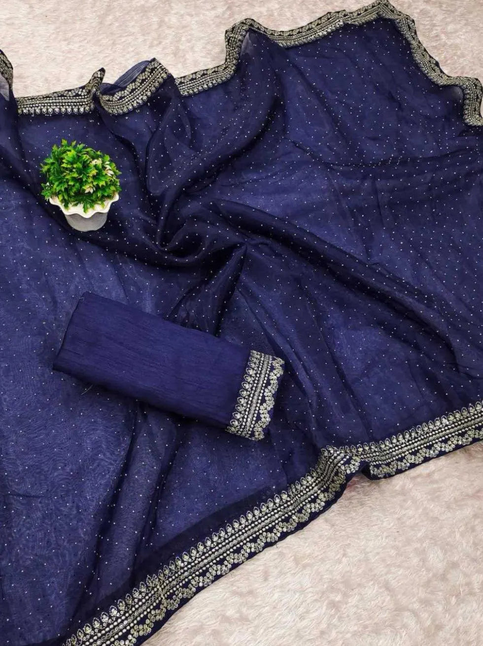 .Thread & Sequin Lace Border Elegance  Navy Blue Organza Saree – Thread & Sequin Lace Border Elegance